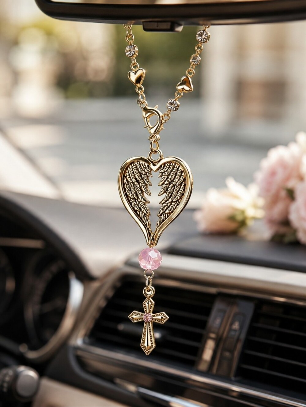 Gold Angel Wing Heart Car Charm Pink Crystal Cross Bag Charm Y2K